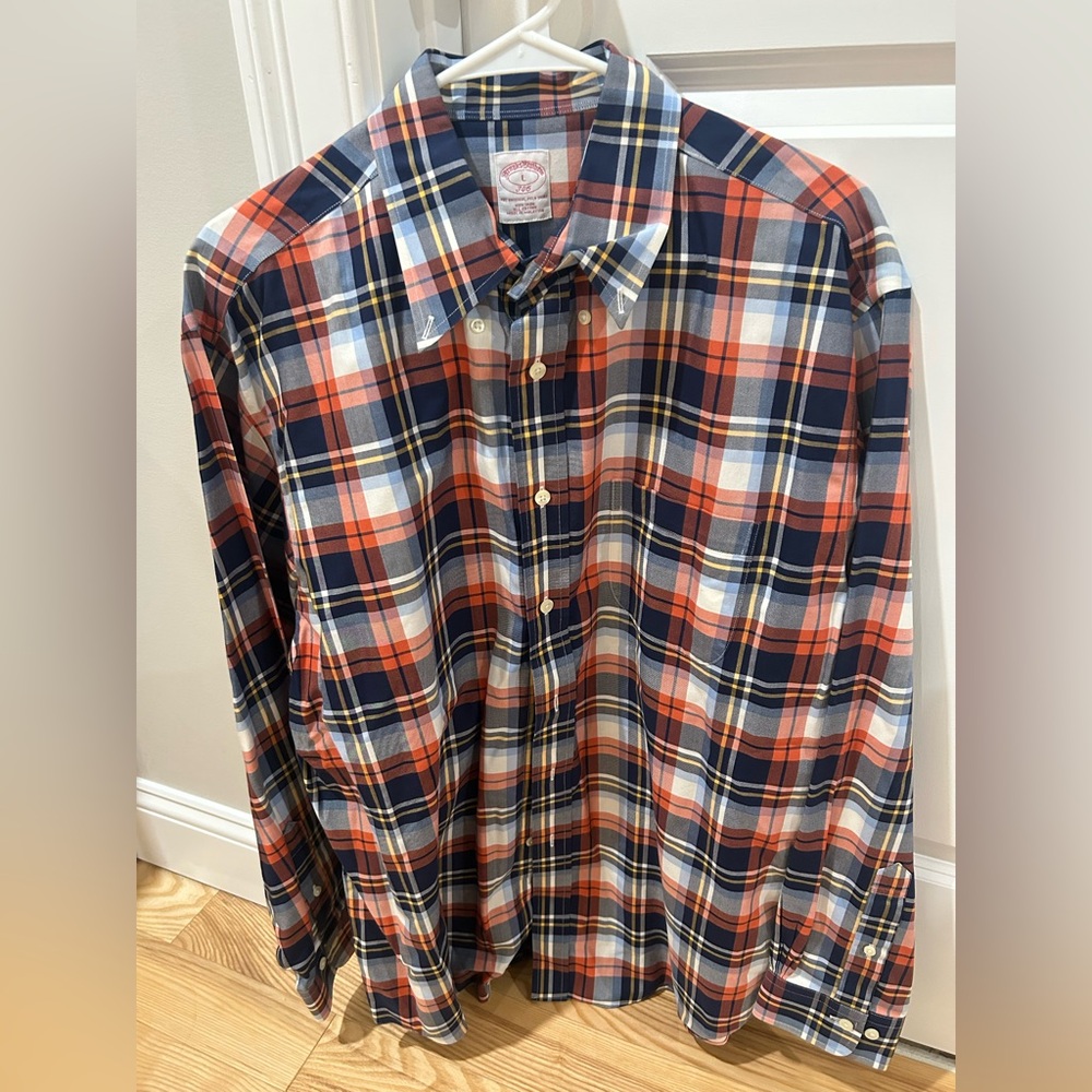 Brooks Brothers Navy and Orange Plaid Shirt
